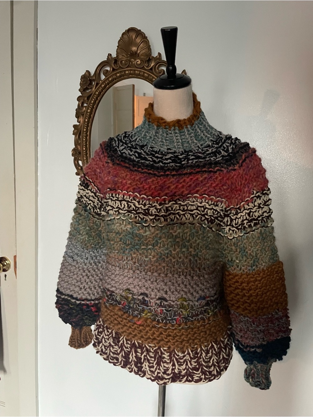 Hand-Knit Multicolor Women’s Oversized Chunky Wool Scrappy Sweater